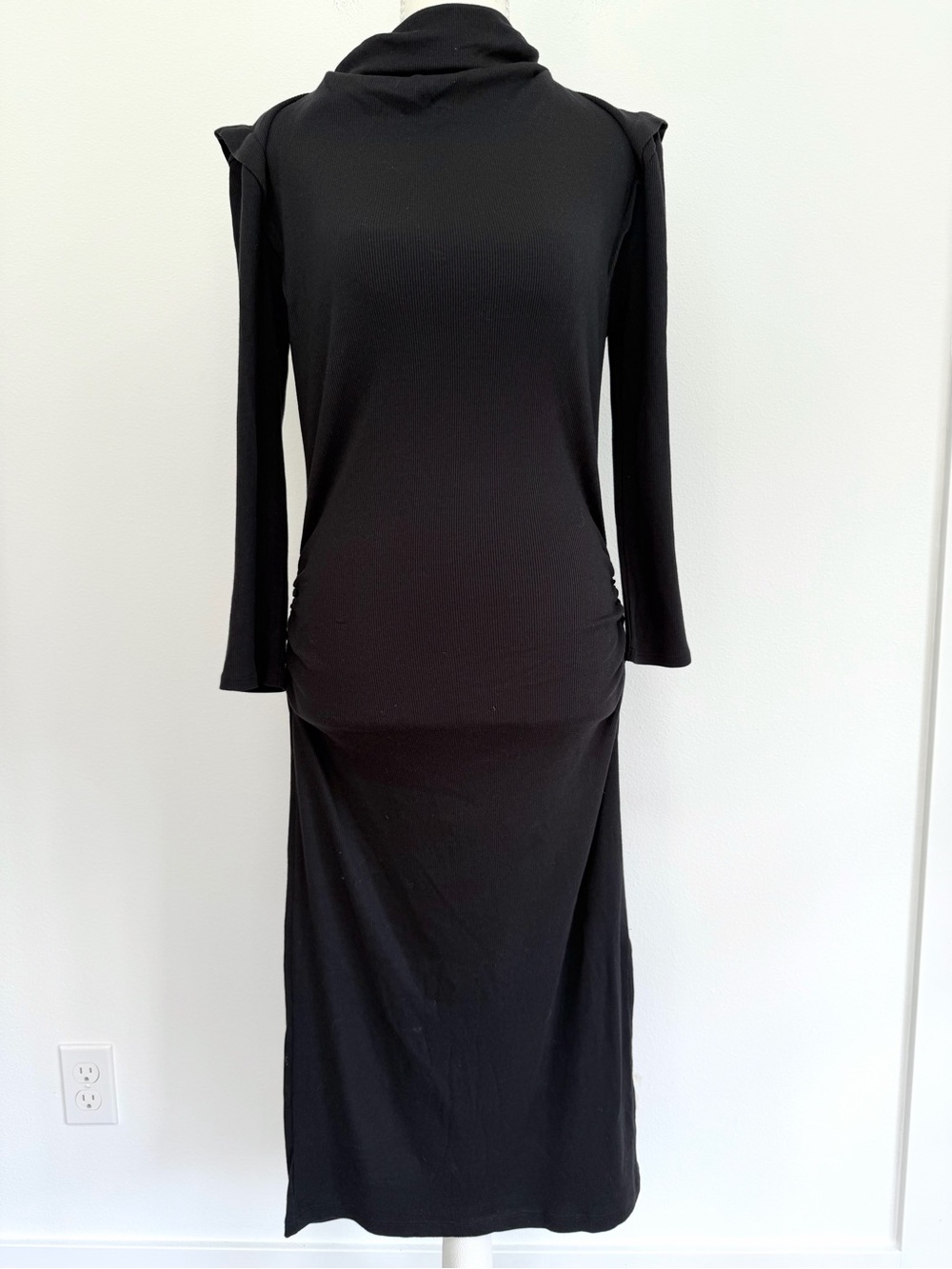 Michael Stars Black Ribbed Power Shoulder Mock Neck Midi Dress Size Medium